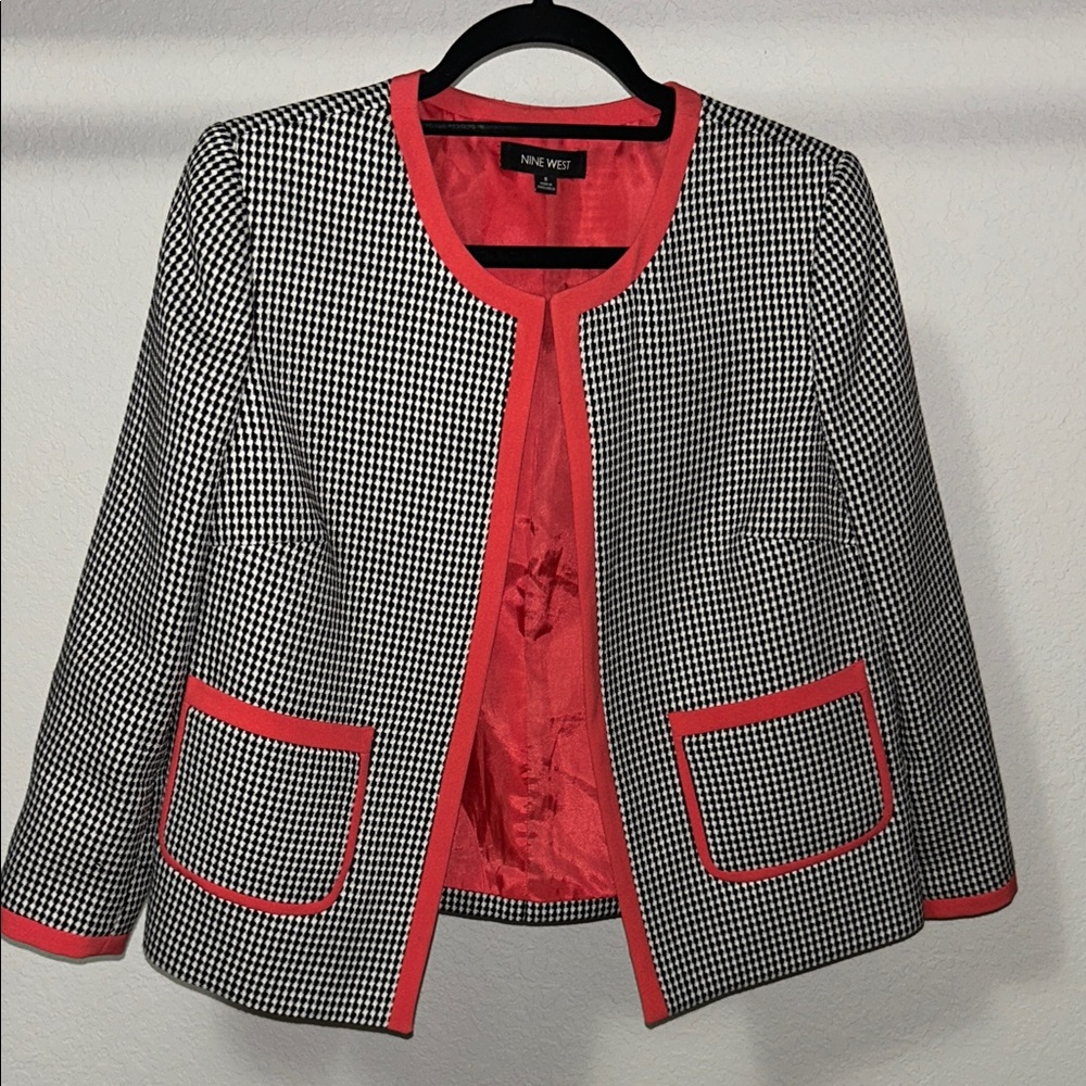 Nine West Houndstooth Blazer with Pink Trim Sz 8
